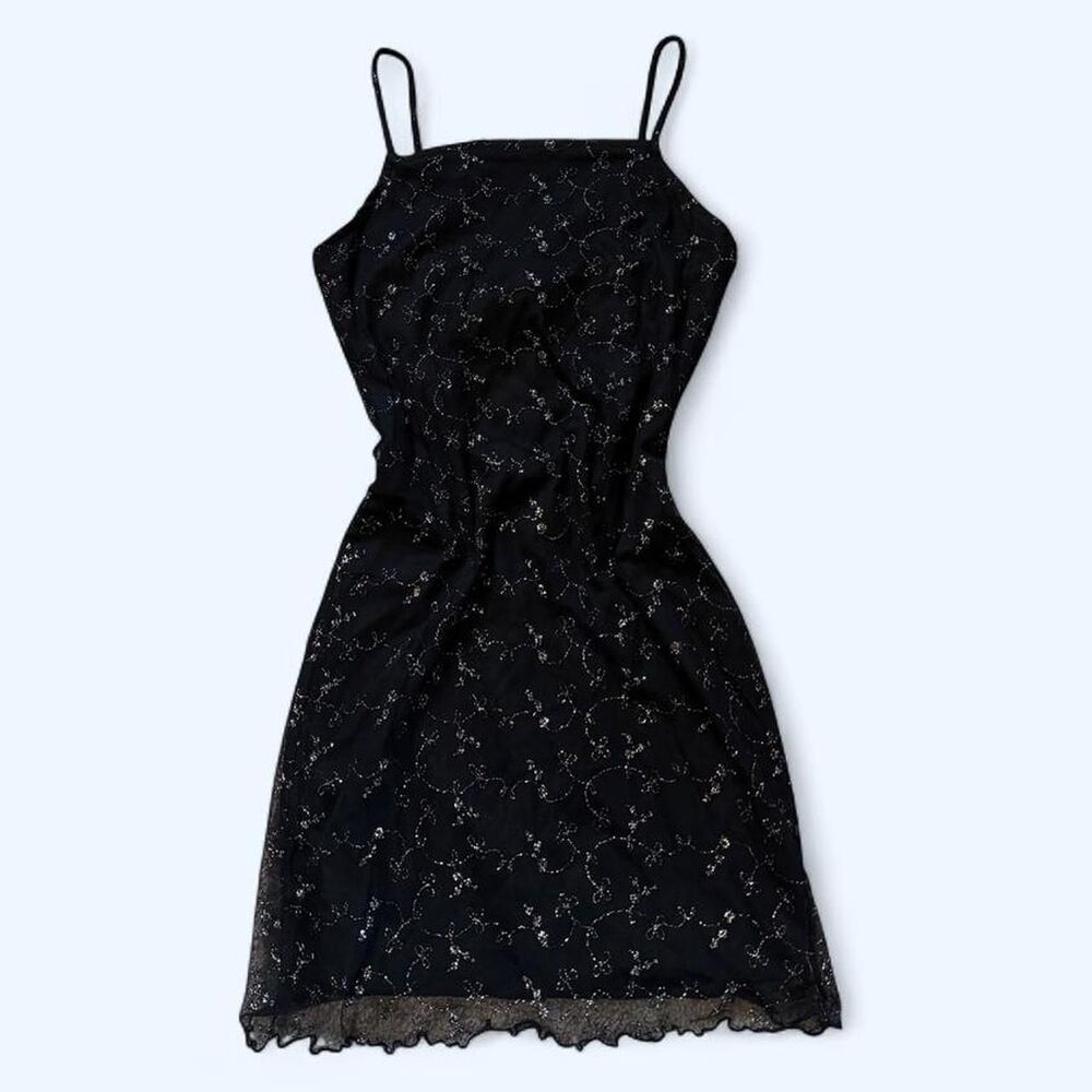 Vintage Steppin' Out Women's Black Mini Dress with Metallic Embroidery